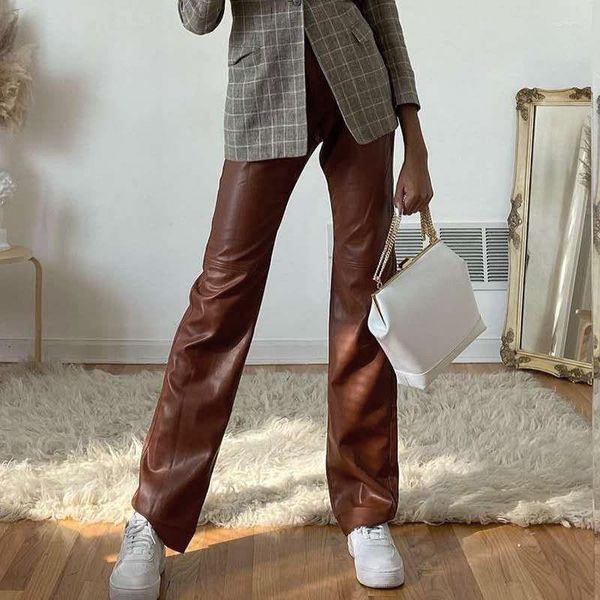 Pantaloni da donna Vintage a vita alta Tasca con bottoni Gambe larghe dritte Pantaloni Autunno Pu Ecopelle Elegante femminile