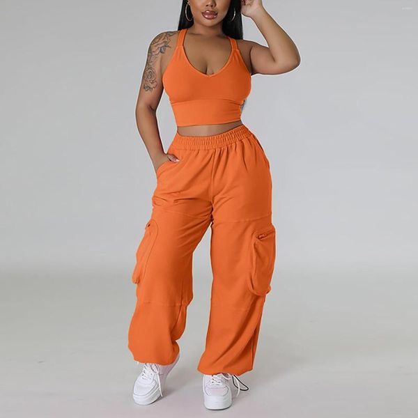 Ensemble de pièces de pantalons deux pièces pour femmes Y2k Cargo Streetwear solide pleine longueur pantalon recadrée débardeur décontracté droite dame tenue