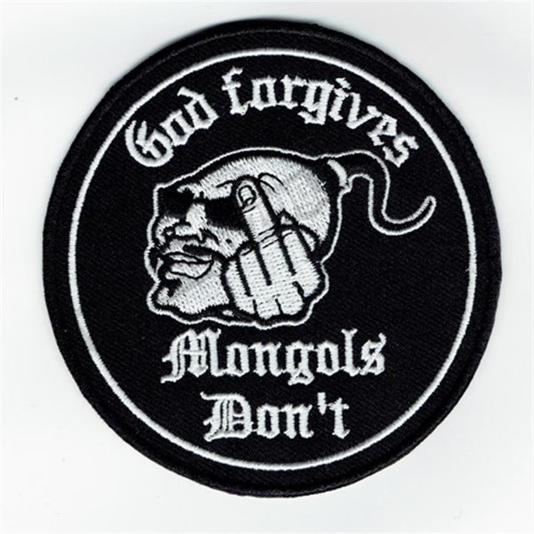 New God Forgives Mongols Don't Motorcycle Club Biker Toppa ricamata Iron On Abbigliamento Giacca frontale Vest Rider Patch 3 5quo279O