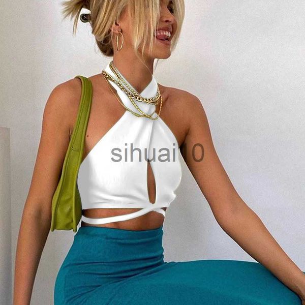 Serbatoi fai-da-te Camis 2021 Canotta sexy estiva Canotta bianca Halter Crop Top Donna Y2k Moda Casual femminile Corsetto senza maniche Canotta Top corto J230706