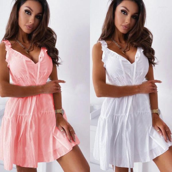 Casual Kleider Frauen Sommer Kleid 2023 Boho Mode Süße Sexy V-ausschnitt Spitze Up Rüschen Weiß Rosa Ärmellose Party Mini Robe femme