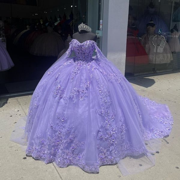 Lavanta Floral Quinceanera Elbiseler Aplikler Kristal 3dflower Balo Gown Boncukla Boncuk Tatlı 15 Kız Partisi için Cape Corset