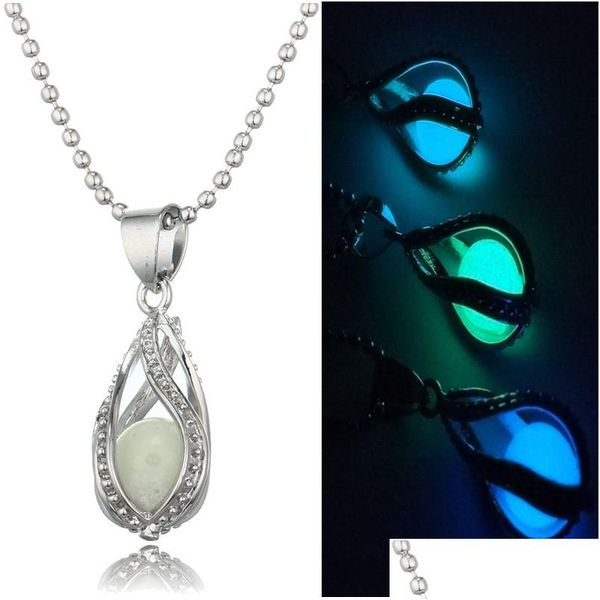 Medaillons Neue im Dunkeln leuchtende Perlenkäfig-Anhänger-Halsketten Offene hohle leuchtende Wassertropfen-Charme-Medaillon-Perlenkette für Frauen S Mode Dhxse