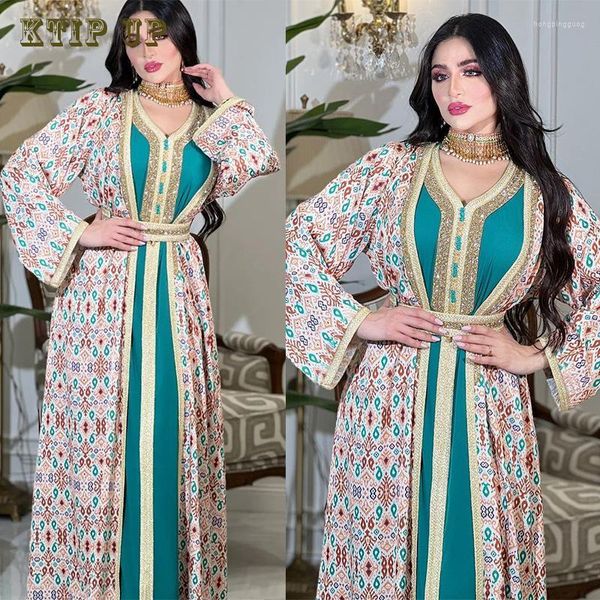 Ethnische Kleidung Eid Muslim Kleid Naher Osten Frauen Zweiteilige Kleider Arab Dubai Print Licht Luxus Diamant Robe Abaya Marokkanischer Kaftan Arabisch