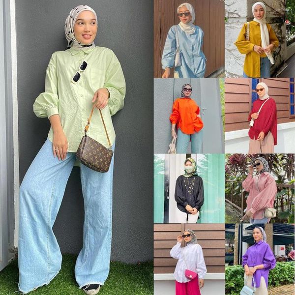 Vêtements ethniques 2023 printemps automne à manches longues couleur unie haut T-Shirt Blouses musulman mode chemise jeune fille Style islamique pour les femmes