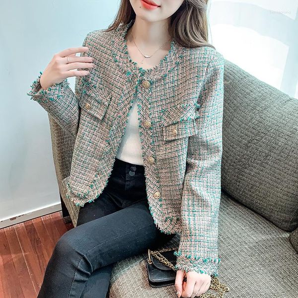 Damenjacken Mode Koreanische Chic Vintage Tweed Jacke Mantel Frauen Herbst Einreiher Plaid Quaste Büro Dame Outwear