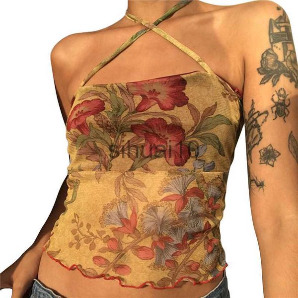 DIY Танки Camis Xingqing Y2K сетчатая сетка с цветочной футболкой E-Girl 90S Vintage Halter Tops Женщины безруковые тупики