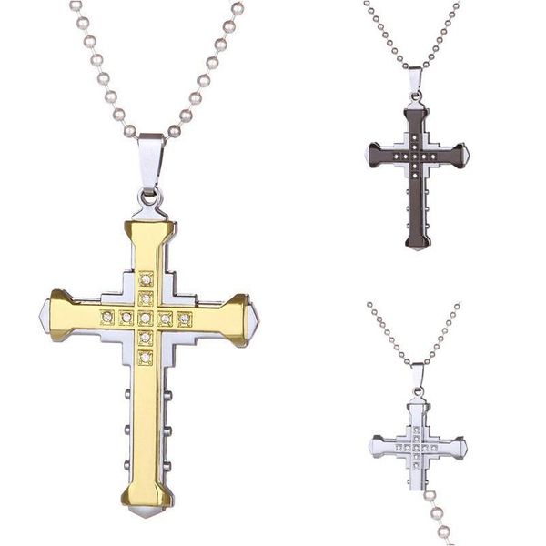 Colares com Pingente Cruz de Cristal Masculino para Mulheres Camada Dupla Crucifixo de Aço Inoxidável Correntes de Charme de Jesus Moda Religião Je Dhhz5