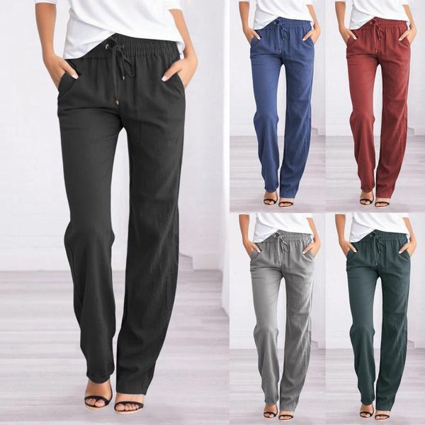 Pantaloni attivi Solid Straight Women Lino Tasche nere Pantaloni larghi Moda e coulisse in vita Casual