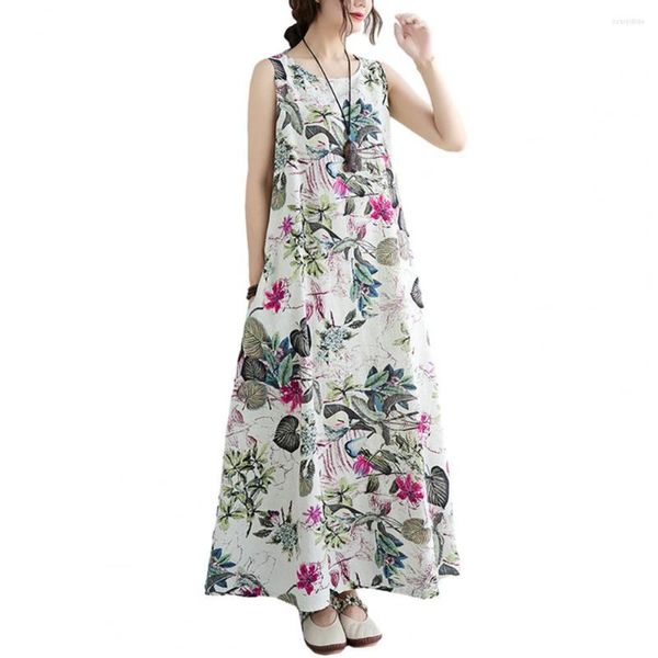 Abiti casual Stampa floreale Maxi abito con orlo largo oversize O-collo estivo senza maniche Abbigliamento lungo da donna per le vacanze con un tocco femminile