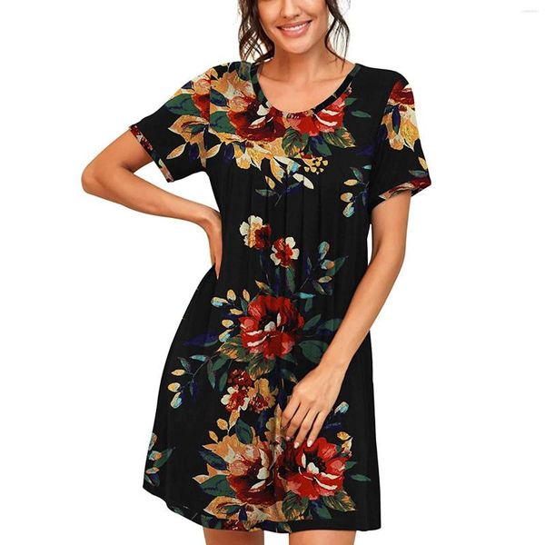 Vestidos Casuais Feminino Decote em O Floral Estampado Túnica Tops Botões Manga Curta Blusa Solta Oversized Bottom Bottom Retro Feminino Tee Blusa