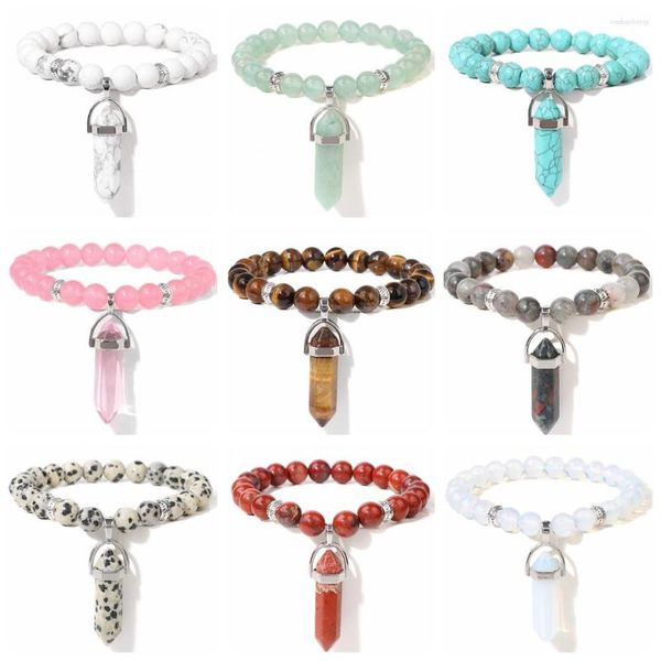 Strand Reiki Cura Prisma Hexagonal Coluna Pingente Pulseiras Natural Olho de Tigre Pedra Cristal Charme Corda Elástica Pulseira Jóias Presentes