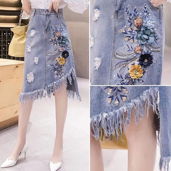 Gonne Moda Gonna di jeans 2023 Estate Vita alta Applique Irregolare Nappa di media lunghezza Rifiniture in pelliccia Casual Abbigliamento donna Faldas