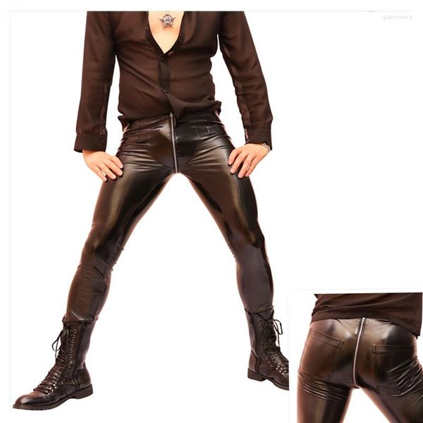 Calças Masculinas Masculinas Alta Alongamento Apertadas Couro PU Látex Amônia Lápis Skinny Calças Casuais com Zíper Aberto na Virilha Estilo Punk Perneiras de Palco