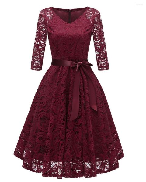 Casual Kleider 3/4 Hülse V-ausschnitt Vintage Spitze Kleid Robe Femme Elegante Frauen Rot Aushöhlen Abend Party Vestidos De Festa