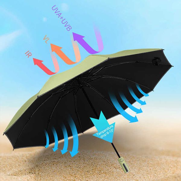 Guarda-chuvas Guarda-chuva UV totalmente automático com costelas de listras reflexivas Auto aberto e fechado Guarda-chuva de viagem portátil Grande guarda-sol de chuva