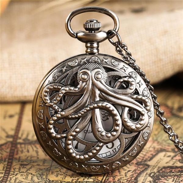 Retro Octopus Hollow Half Hunter Quarz Taschenuhr Vintage Grau Bronze Halskette Anhänger Kette für Kinder Männer Frauen reloj213H