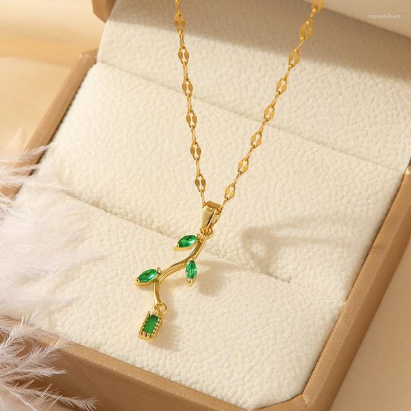 Anhänger Halsketten Mode Kreative Grüne Blatt Zweig Halskette Zirkon Kristall Für Frauen Edelstahl Schlüsselbein Kette Schmuck