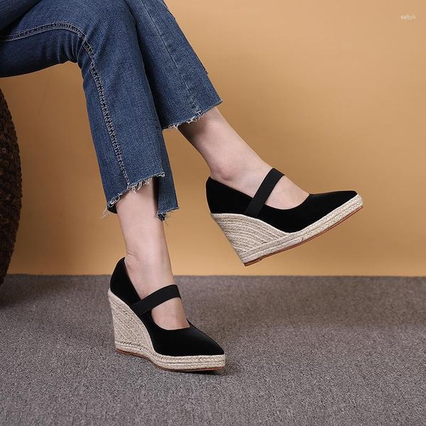 Kleidschuhe LIHUAMAO Wildleder Keilplattform Mary Jane Spitze Zehen Damen Pumps High Heels Espadrilles