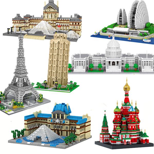 Diecast Model City Architecture Eiffel Tower Big Ben Пара Louvre Micro Blocks Sydney Opera House Capitol Taj Mahal Construction Toys 230705