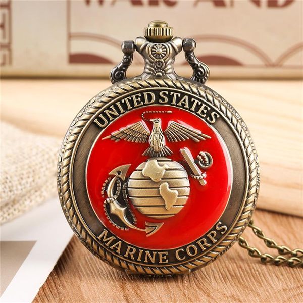 Vintage United State Marine Corps Theme Quartz Pocket Watch Fashion Red Souvenir Pendant Necklace Chain Watches Top Gifts307o