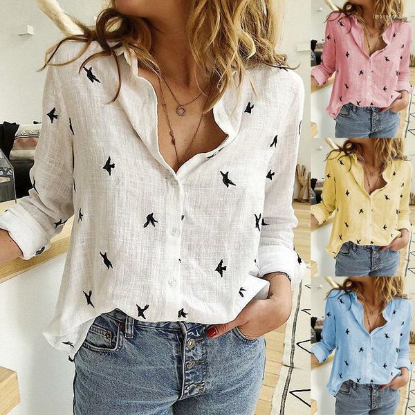 Kadın Bluzları 2023 Sıradan Uzun Kollu Kuşlar Baskı Gevşek Gömlekler Kadın Büyük Boyu Pamuk ve Keten Üstleri Vintage Street Giyim Tunik Tees