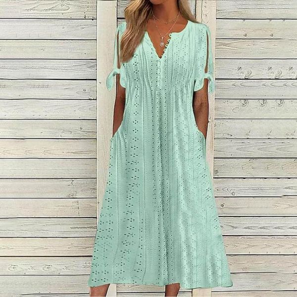 Vestidos casuais primavera e verão moda feminina decote em V vestido curto curto para mulheres de algodão maxi