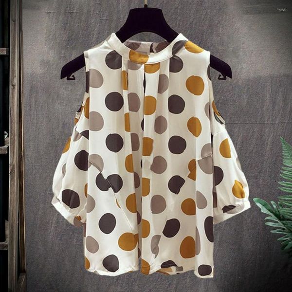 Blusas Femininas Blusa Feminina Decote O ombro Frio Meia Manga Camisa Tops Estampado de Pontos Grande Office Lady Streetwear