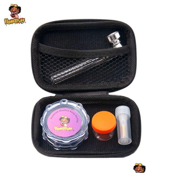 Курительные трубы Honeypuff Smoke Tobacco Kit Hard Plastic Grinder для добавления стеклянного кончика рта без шпильки банки для хранения