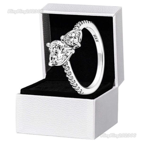 2023 Новое новое прибытие двойное сердце блестящее кольцо Сплошное 925 Серебряные женщины -подруга Подарок подарки для любителей Pandora Lover Cz Diamond Rings с оригинальным коробным набором