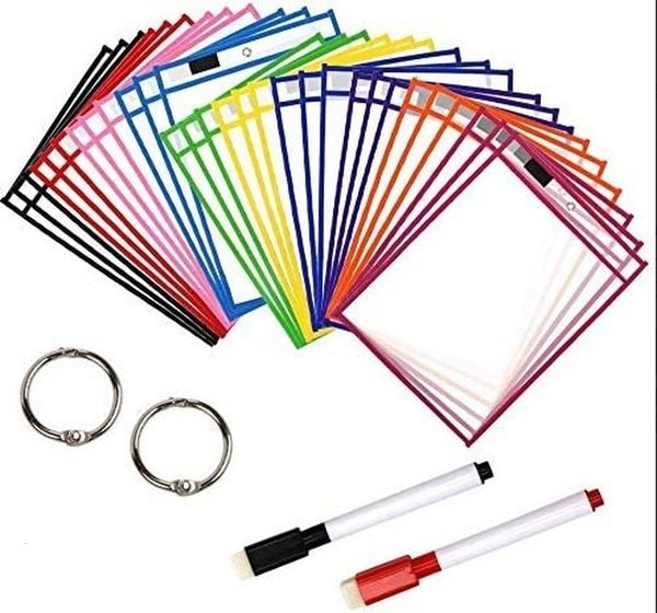 Suprimentos de arquivo HD PVC transparente reutilizável apagável bolsa de arquivo bolsos com caneta Wipe desenho marcadores de quadro branco para ensinar crianças 230706