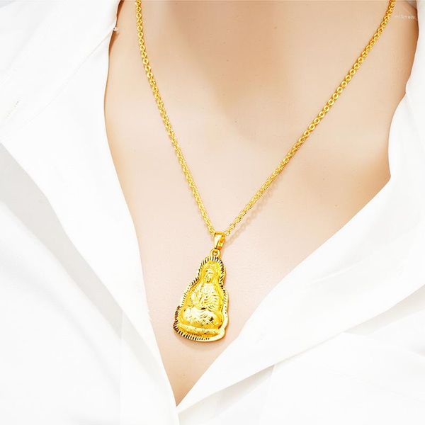 Collane con ciondolo 24 carati color oro fortunato collana uomo donna Guanyin Maitreya Buddha gioielli girocollo buddista dorato spesso
