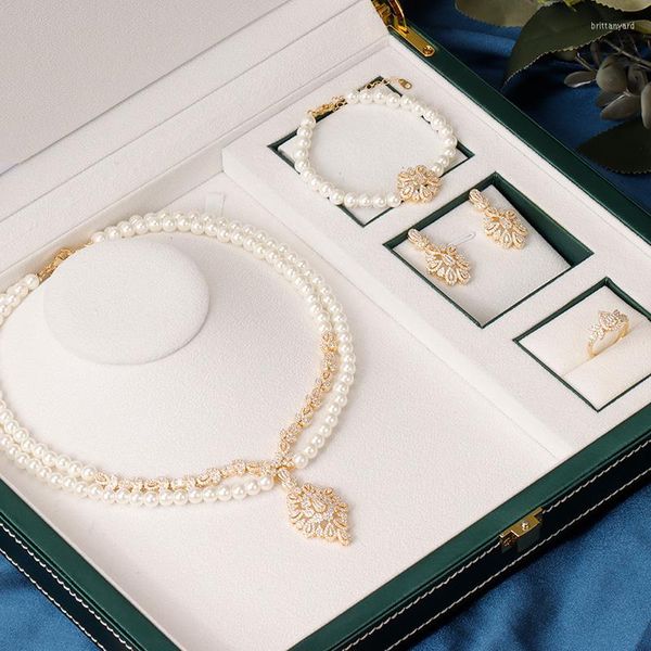 Collana Orecchini Set Lusso Doppio Strato Perla Cubic Zirconia 4 PCS Gioielli Dubai Brides Wedding Choker Accessori