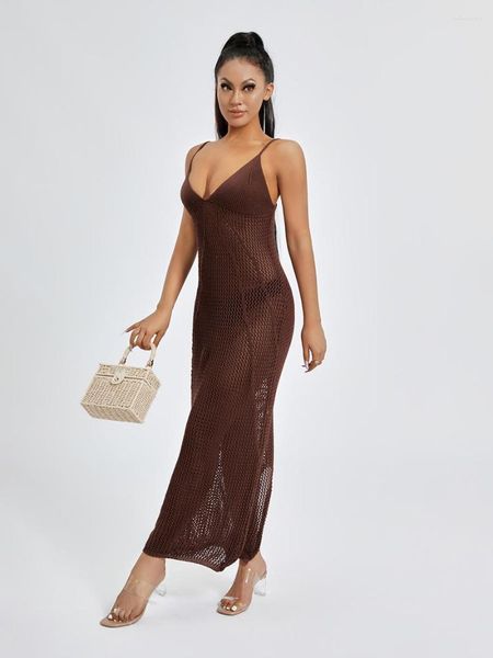 Vestidos casuais crochê sem mangas elegantes com alto design dividido e sem costas para mulheres - vestido de vestir de malha sexy bodycon