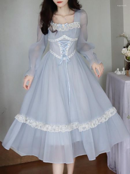 Casual Kleider 2023 Sommer Französisch Elegante Spitze Midi Kleid Frau Lange Slevee Koreanische Mode Party Reine Farbe Vintage Weibliche