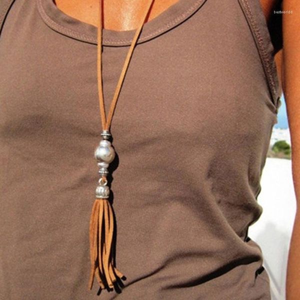 Anhänger Halsketten E0BE 2023 Frauen Mode All-Matched Quaste Perlen Halskette Faux Wildleder- Weibliche Pullover Kette Zubehör Trend halsband
