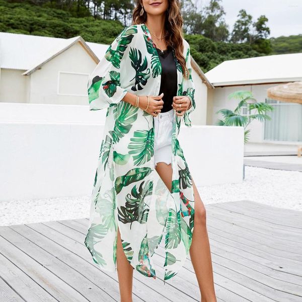 Roupa de banho feminina 2023 boêmio estampado encobrimentos femininos cardigã sexy verão vestido de praia roupa de praia maiô de férias férias longos encobrimentos