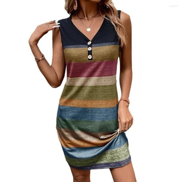 Casual Kleider Sommer 2023 Elegante Sexy Bodycon Kleid Frauen Schlank Ärmellose V-ausschnitt Gestreiften Gedruckt Taste Weste Übergroße Dame