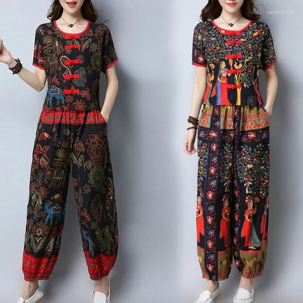 Conjunto de calças femininas de duas peças 2023 verão solto tamanho grande roupas femininas tops de manga curta roupas tradicionais chinesas algodão lazer terno