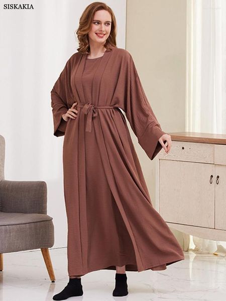 Abbigliamento etnico Siskakia Casual musulmano marocchino Dubai Abaya Set di abiti per le donne Corban Eid Al Adha Breve solido con cintura Due pezzi Kimono Robe