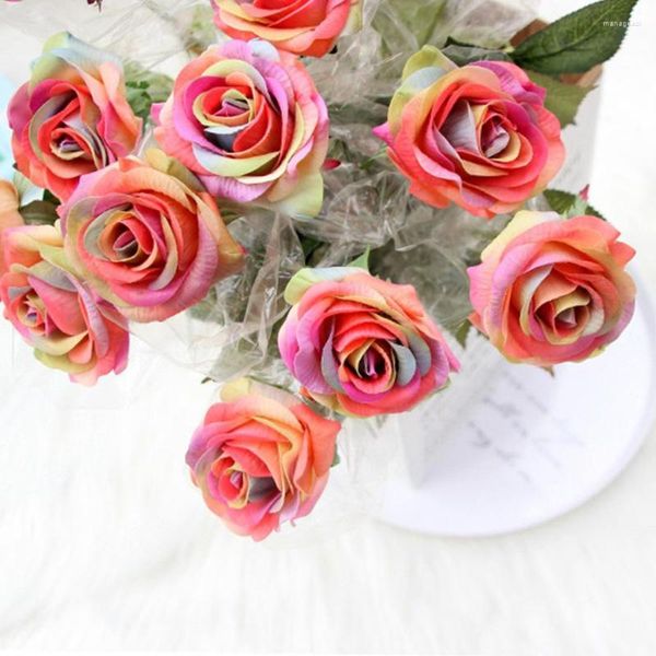 Flores decorativas rosas de toque real longo ramo de seda artificial decoração do dia do professor rosa falso para casamento em casa