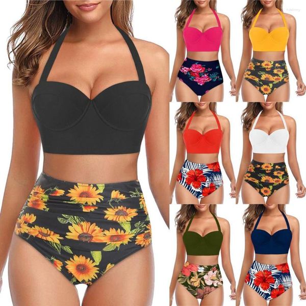 Kadın Mayo #Z45 Yüksek Bel Bikini Kadın Çiçek Baskı Büyük Boyut İki Parça Mayo Tankini Set Yüzme Takım