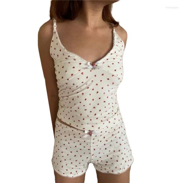 Damen-Trainingsanzüge, Y2k-Blumen-Pyjama-Set, Damen-Fairycore-ästhetischer Blumendruck, ärmelloses V-Ausschnitt-Unterhemd mit Shorts, 2000er-Jahre-Nachtwäsche