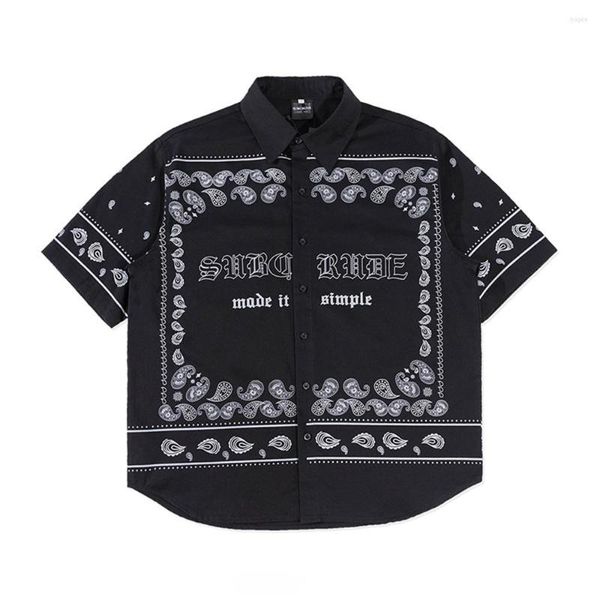 Camisas casuais masculinas americana retrô street west caju flor camisa de manga curta masculino chicano hip-hop solto y2k tatuagem top verão