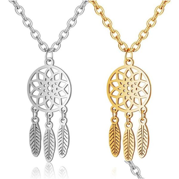 Colares com Pingente de Aço Inoxidável Dream Catchers Banhado a Ouro Titânio Cadeias de Penas Para Mulheres Meninas Moda Jóias Presente Gota Dhibq