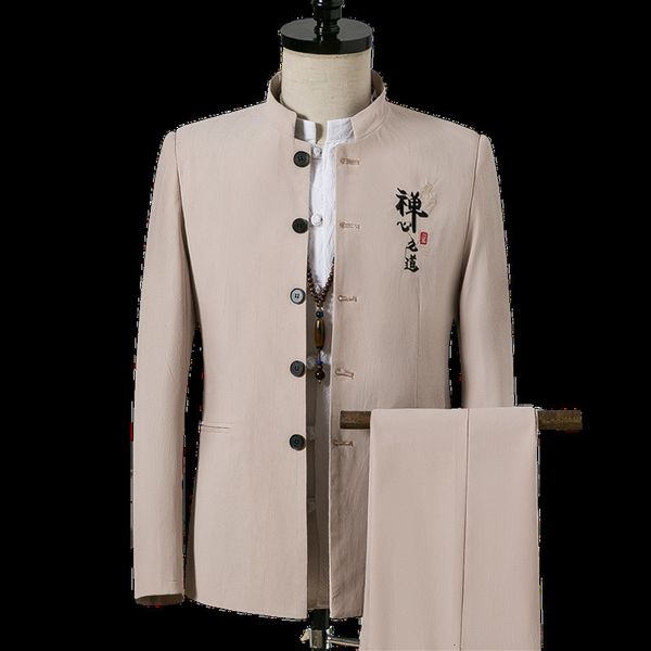 Herrenanzüge, Blazer, traditioneller chinesischer Stil, Herren-Anzug, Stehkragen, Mantel, Langarm, Jacke, Hose, 2 Stück, Bürokleidung, Hose 230705