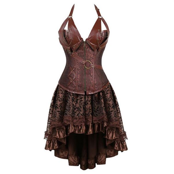 Steampunk bustier espartilho vestido plus size preto marrom zíper preto espartilho de couro falso com saia gótico punk burlesque pirate254J