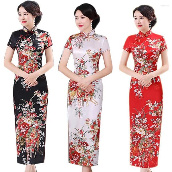 Roupa étnica Chinês Tradicional Vestido Estampado Flor Elegante Manga Curta Cheongsam Gola Estande Apertado Bodycon.