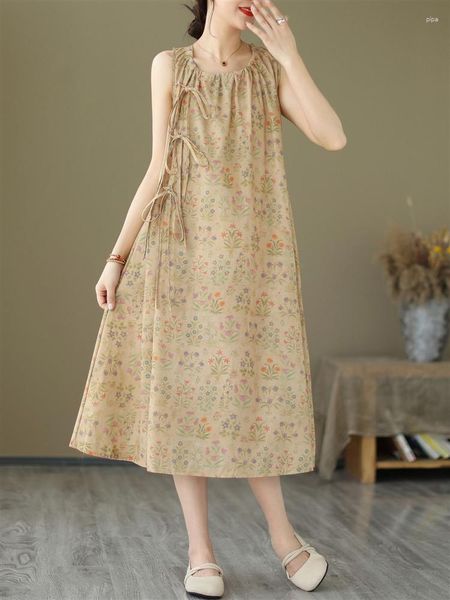 Повседневные платья рукавочные ремешки хлопковое винтажное цветочное танк для женщин свободные длинные женщины летнее платье элегантная одежда для одежды 2023