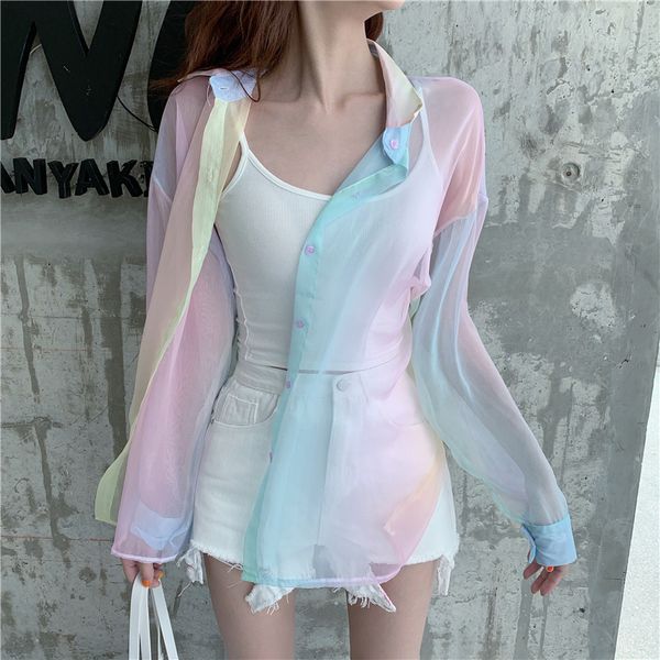 Kadınlar bluz gömlekleri gökkuşağı kadın bluzları üst kısımlar gömlekler mahsul plajı artı vintage ropa mujer kawaii kimono hırka blusas kobiety buzki 230705